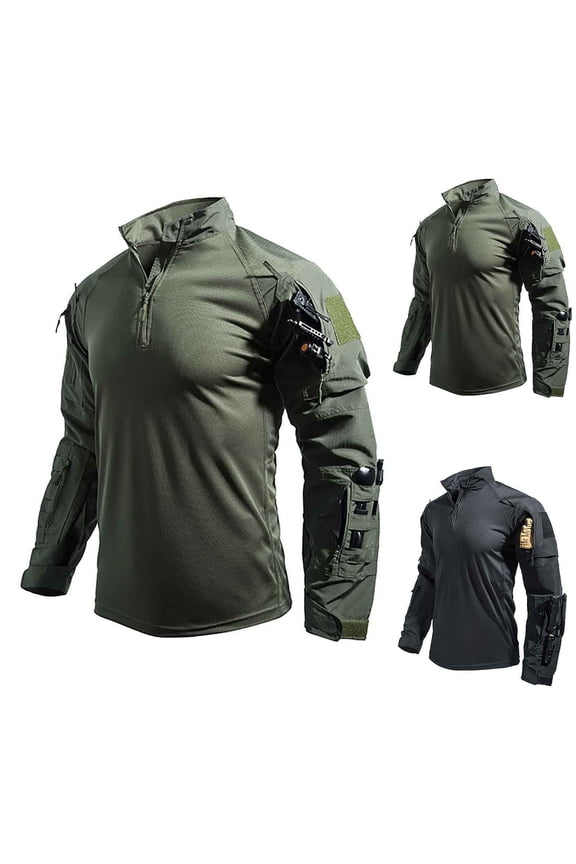 Mens Slim Fit 1/4 Zip Stand Collar Tactical T Shirts Long Sleeve Crew Neck Shirts Elastic Breathable Quick Dry Military Training Tops Outdoor Hiking Work Utility Undershirts
