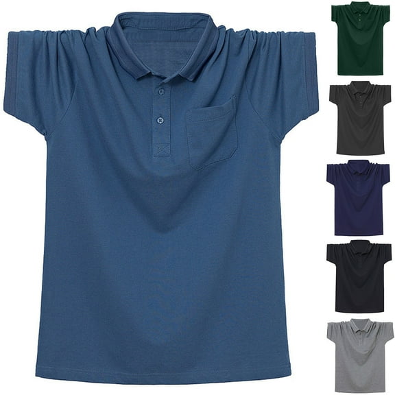 ZRGHAOYLQ Mens Solid Color Button Up Shirts Short Sleeve Plus Size Tshirts Big and Tall Turndown Collar Henley Shirt Loose Fit Cotton Tees Tops with Pockets