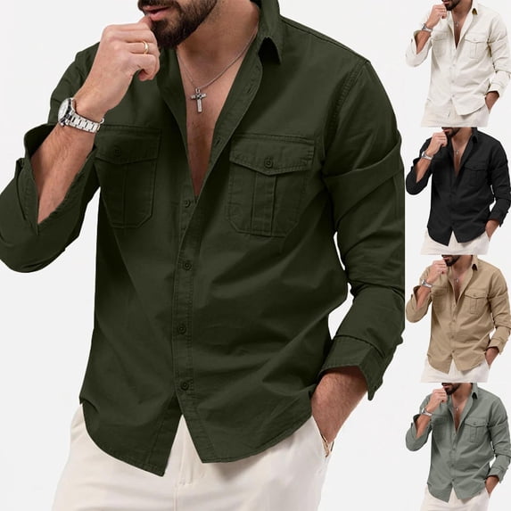 ZRGHAOYLQ Mens Solid Color Flannel Shirts Long Sleeve Big and Tall Tshirts Collared Muscle Button Down Shirts Plus Size Slim Tops with Pockets White M