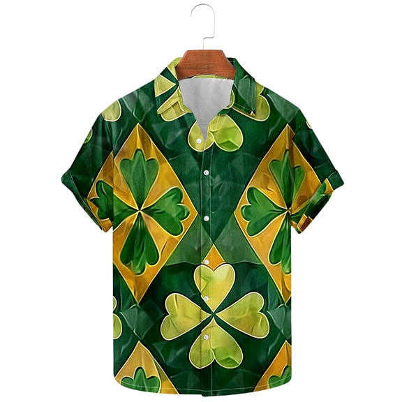 ZRGHAOYLQ Mens St Patricks Day Hawaiian Shirts Green Four Leaf Clover Print Party T-Shirt Irish Short Sleeve Bowling Shirts Tops Casual Button Down Shirts