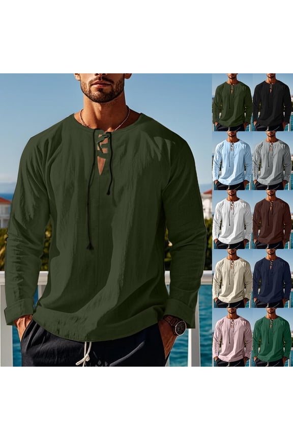 Mens Summer Casual Pullover Shirts Long Sleeve V Neck Lace Up Tie Front Shirts Solid Color Casual Tops Lightweight Loose Beach Vacation Daily Outdoor Blouses