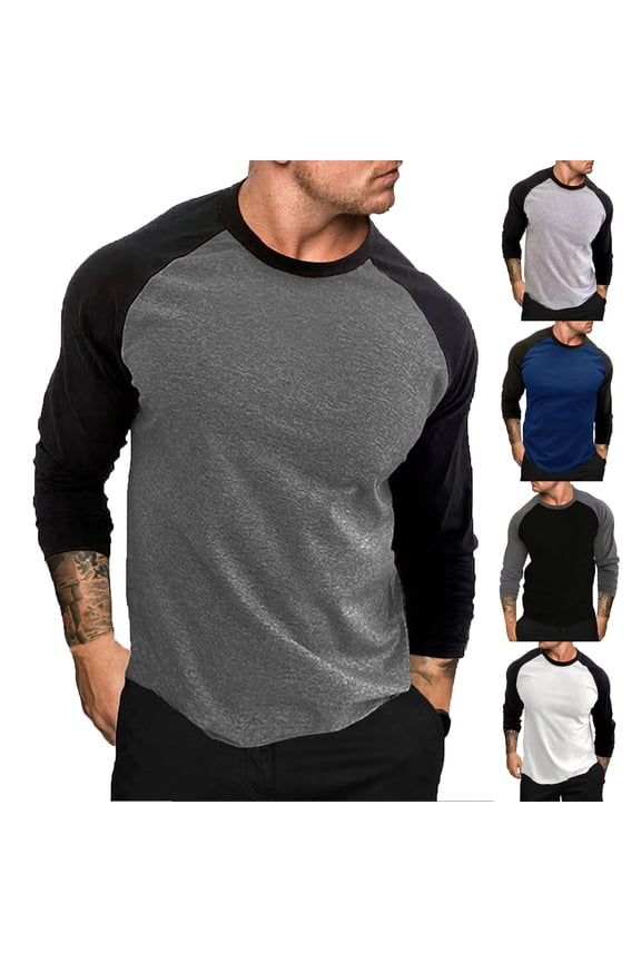 Mens Summer Long Sleeve Shirts Classic Fit Lightweight Raglan Tshirts Breathable Fall Color Blocked Clothes Crewneck Tops
