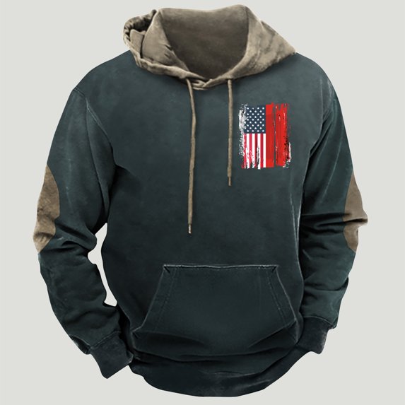 ZRGHAOYLQ Mens Sweatshirts Hoodies Big And Tall Long Sleeve Sweatshirt Vintage American Flag Print Pullover Tops Oversized Drawstring Shirts with Pockets