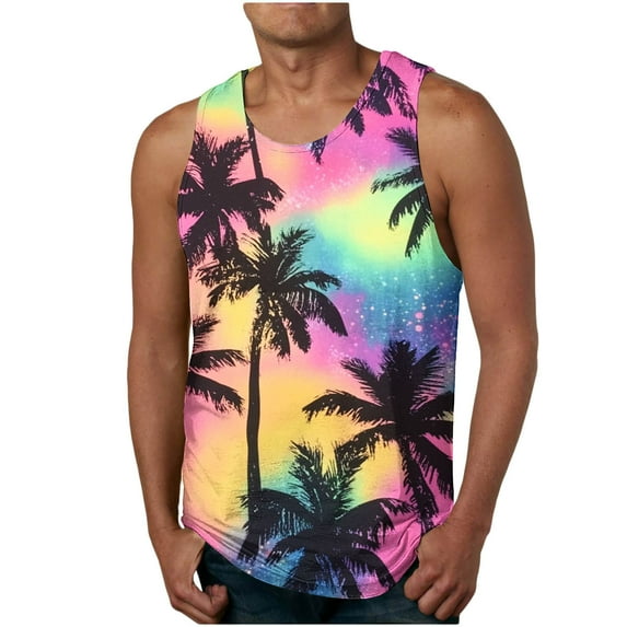 ZRGHAOYLQ Mens Tank Tops Tropical Palm Tree Tie Dye Print Sleeveless Crewneck T-shirt Plus Size Hawaiian Beach Tank Top Summer Casual Workout Muscle Shirt Lightweight Fitness Vest