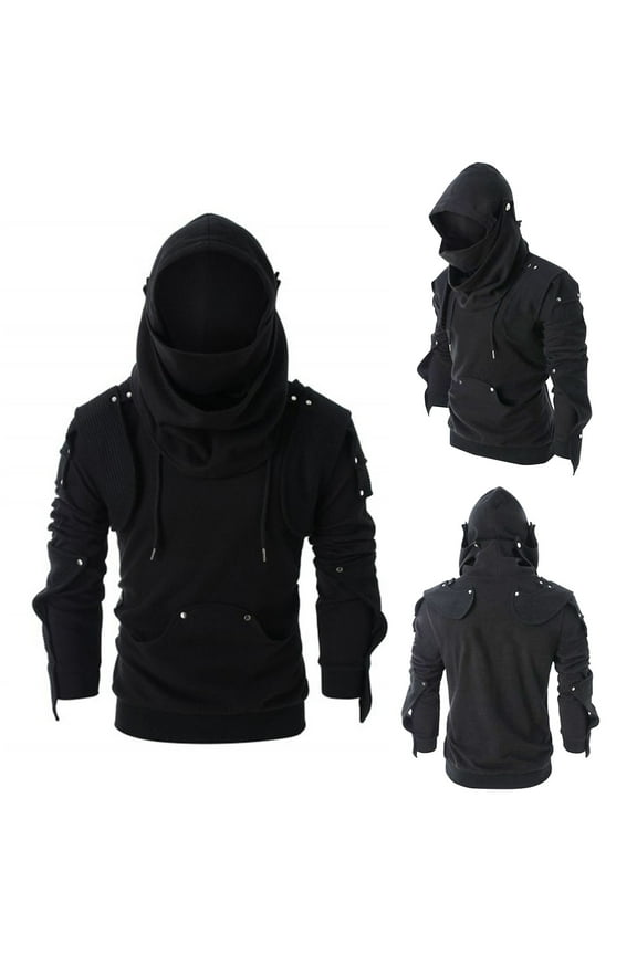Mens Vintage Gothic Hoodies with Face Mask Hooded Long Sleeve Pullover Cooling Techwear Button Decor Tactical Sweatshirt Streetwear Black L