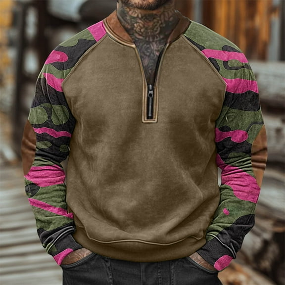 ZRGHAOYLQ Military Camo Shirts for Men Long Sleeve Quater Zip Tactical Pullover Plus Size Patchwork Shirts Tops Vintage Camouflage Print Muscle Shirts Camouflage XXXL