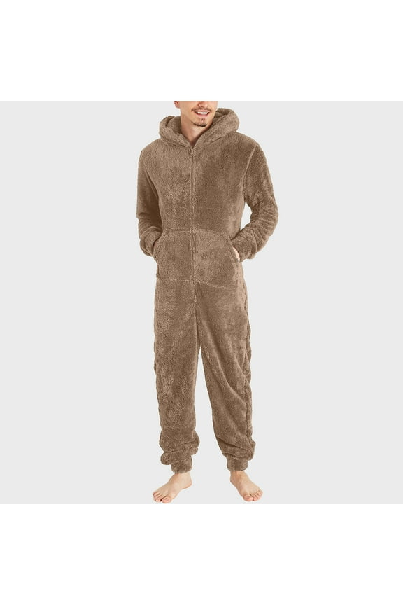 One Piece Fuzzy Hooded Jumpsuits for Men Fleece Solid Loungewear Sets Casual Full Zipper Winter Sleepwear Suits with Kangaroo Pocket Khaki L