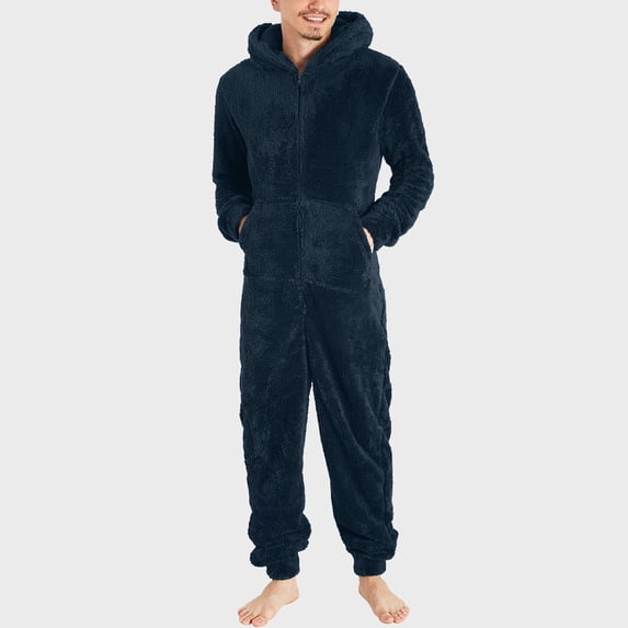 ZRGHAOYLQ One Piece Fuzzy Hooded Jumpsuits for Men Fleece Solid Loungewear Sets Casual Full Zipper Winter Sleepwear Suits with Kangaroo Pocket Navy 2XL