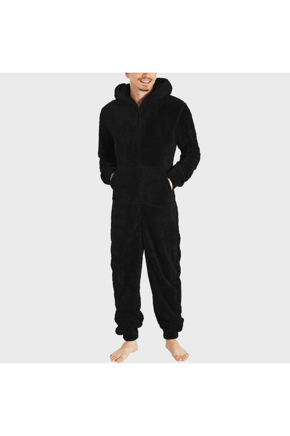 One Piece Fuzzy Hooded Jumpsuits for Plus Size Men Fleece Solid Loungewear Sets Casual Full Zipper Winter Sleepwear Suits with Kangaroo Pocket Black 3XL