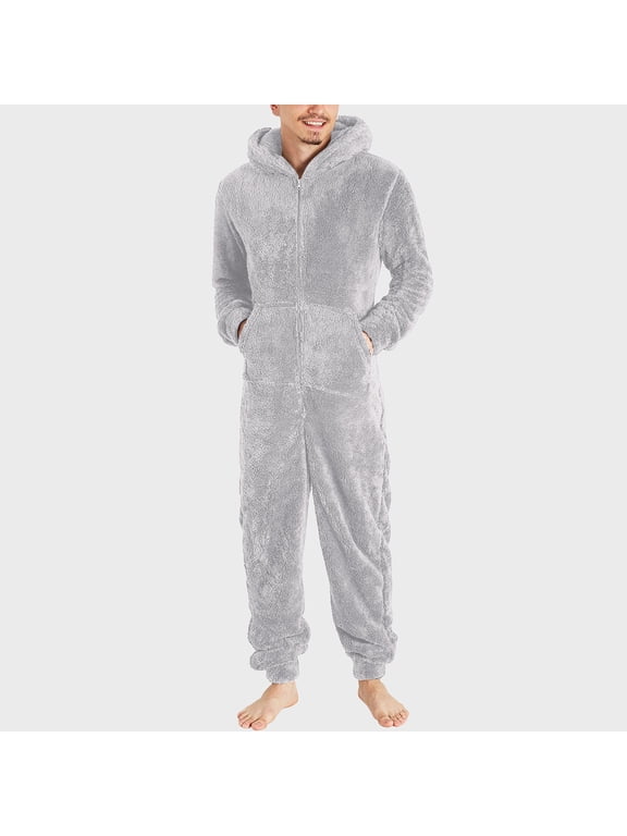 One Piece Fuzzy Hooded Jumpsuits for Plus Size Men Fleece Solid Loungewear Sets Casual Full Zipper Winter Sleepwear Suits with Kangaroo Pocket Gray 3XL