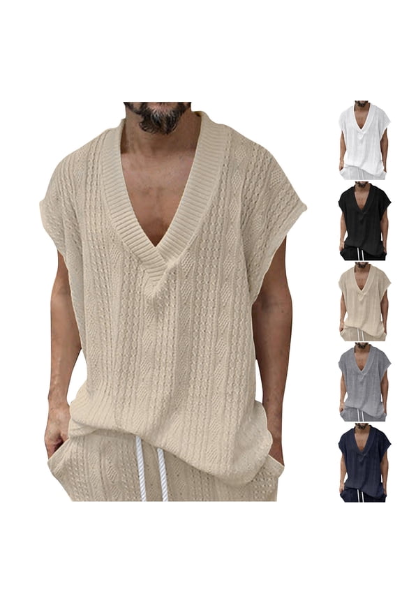 Oversized Knit Sweater Vest Men Cable Knitted Pullover Loose V Neck Vests Casual Cap Sleeve Jumper Tops Comfy Soft Sweaters with Ribbed Edge