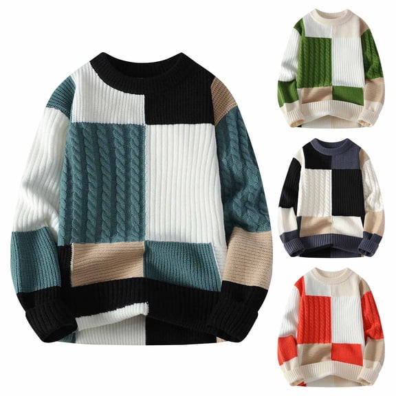 ZRGHAOYLQ Patchwork Sweaters for Men Big and Tall Crewneck Pullover Sweater Trendy Cable Knit Jumper Tops Casual Long Sleeve Sweaters