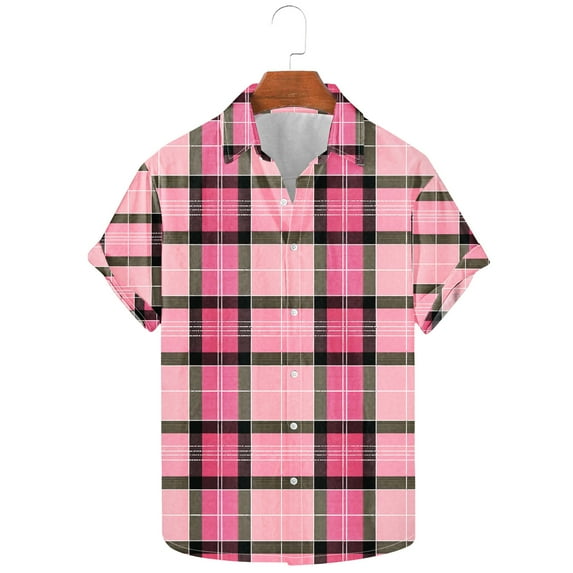 ZRGHAOYLQ Plaid Shirts for Men Short Sleeve Big and Tall Plus Size T Shirts Lapel Collar Button Down Shirt Tops