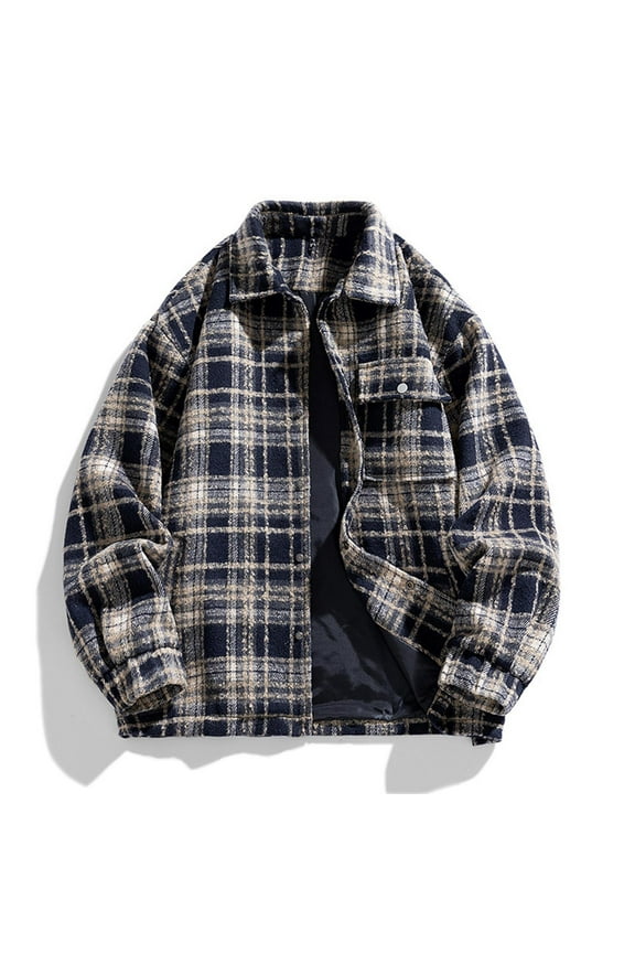 Plaid Wool Jacket Mens Big And Tall Plaid Shirts Flannel Shacket Jacket Long Sleeve Button Down Coat with Pocket Lapel Collar Oversized Coat Outwear