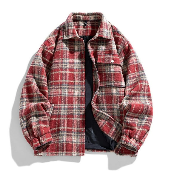 ZRGHAOYLQ Plaid Wool Jacket Mens Big And Tall Plaid Shirts Flannel Shacket Jacket Long Sleeve Button Down Coat with Pocket Lapel Collar Oversized Coat Outwear