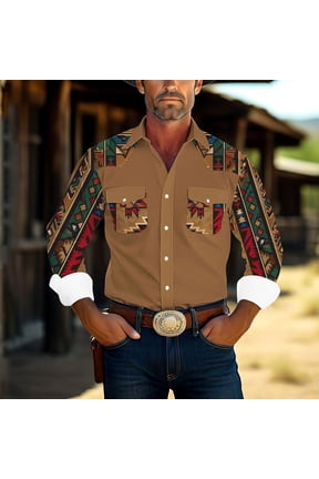 Plus Size Aztec Men's Shirts Loose Fit Casual Long Sleeve Button Down T Shirts Trendy Patchwork Western Cowboy Shirt Big and Tall Lapel Tops with Pockets