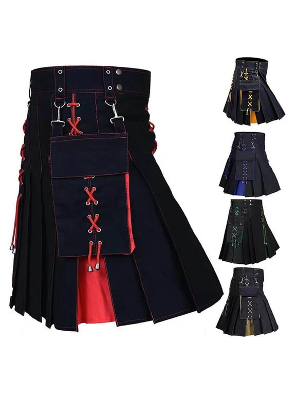 Plus Size Men's Color Block Scottish Festival Kilt Medieval Pleated Skirt with Contrast Stitch Cargo Pockets and Side Lacing Ideal for Renaissance Fairs and Themed Parties