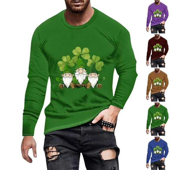 ZRGHAOYLQ Plus Size St. Patrick's Day Shirts Mens Big Tall Long Sleeve Crewneck T-shirt Cute Shamrock Gnomies Graphic Shirt Plus Size Lightweight Workout Shirts