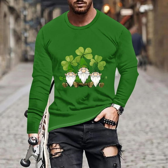 ZRGHAOYLQ Plus Size St. Patrick's Day Shirts Mens Big Tall Long Sleeve Crewneck T-shirt Cute Shamrock Gnomies Graphic Shirt Plus Size Lightweight Workout Shirts