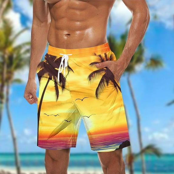 ZRGHAOYLQ Plus Size Swim Trunks for Men Tropical Hawaiian Beach Shorts Breathable Drawstring Elastic Bathing Suits Swimwear with Pockets Big and Tall Sunset Palm Tree Graphic Short Pants