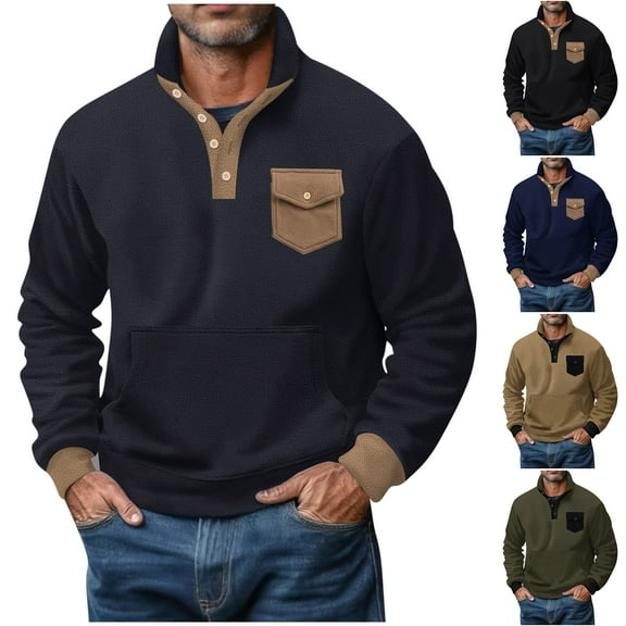 ZRGHAOYLQ Polar Fleece Sweatshirt Plus Size Mens Big and Tall Long Sleeve Shirts Stand Collar Button Up Pullover with Pockets Winter Warm Thermal Sweatshirts Khaki S