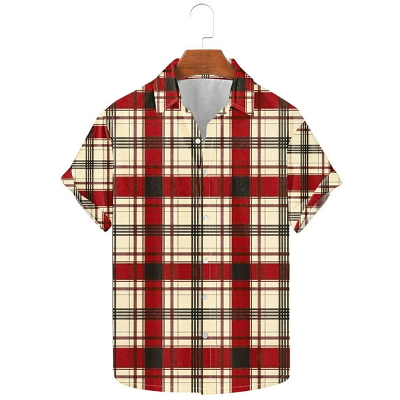 ZRGHAOYLQ Red Plaid Button Down Shirt Men Short Sleeve Big and Tall Tshirts Plus Size Lapel Collar Tshirt Wrinkle Free Dress Shirs