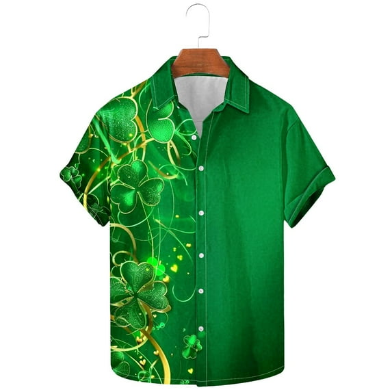 ZRGHAOYLQ Saint Patrick's Day Men's Trendy Shamrock Graphic Tees Casual Button Down Short Sleeve Hawaiian Beach Shirt with Lapel Collar
