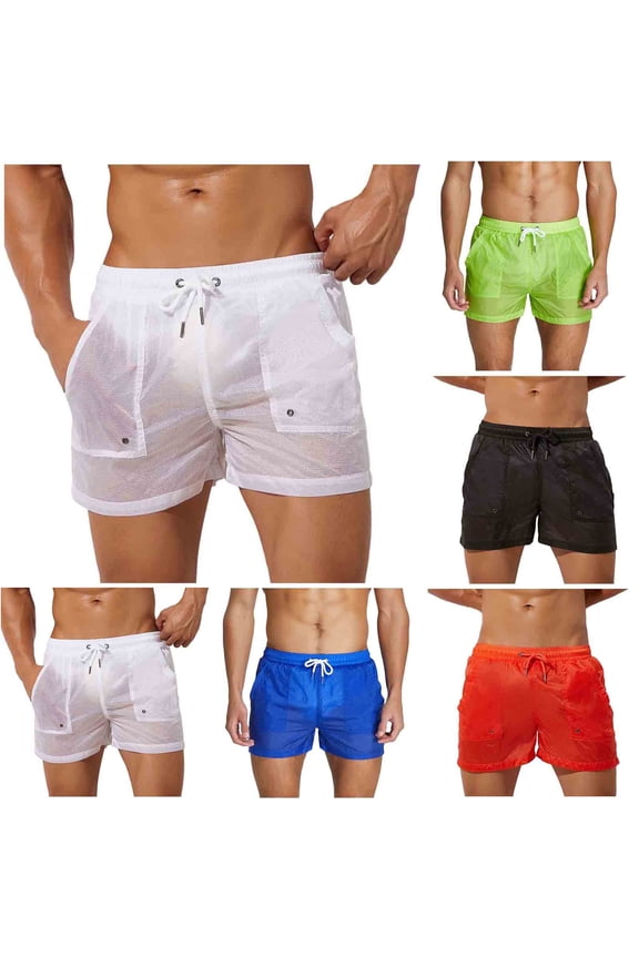 See Through 5 Inch Swim Trunks for Men Elastic Waist Summer Beach Shorts Low Waist Breathable Lightweight Bathing Suit Swimwear with Pockets