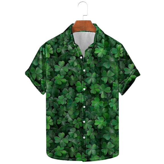 ZRGHAOYLQ St. Patrick's Day Shirt for Men Green Shamrock Graphic Shirt Short Sleeve Button Down Tops Casual Lapel Collar Holiday Party Shirts