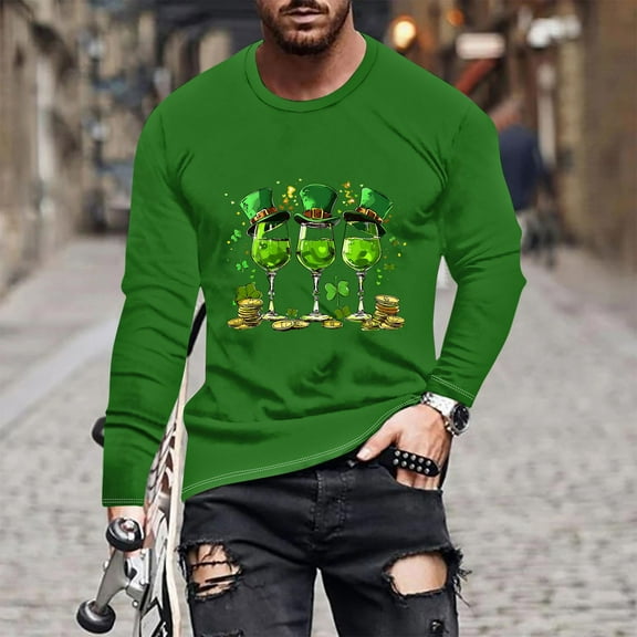 ZRGHAOYLQ St Patricks Day Shirts for Men Lucky Shamrock Graphic Tees Green Wine Glasses Long Sleeve Casual Pullover Tops Plus Size Crewneck T Shirts Big and Tall Holiday Vacation Shirt