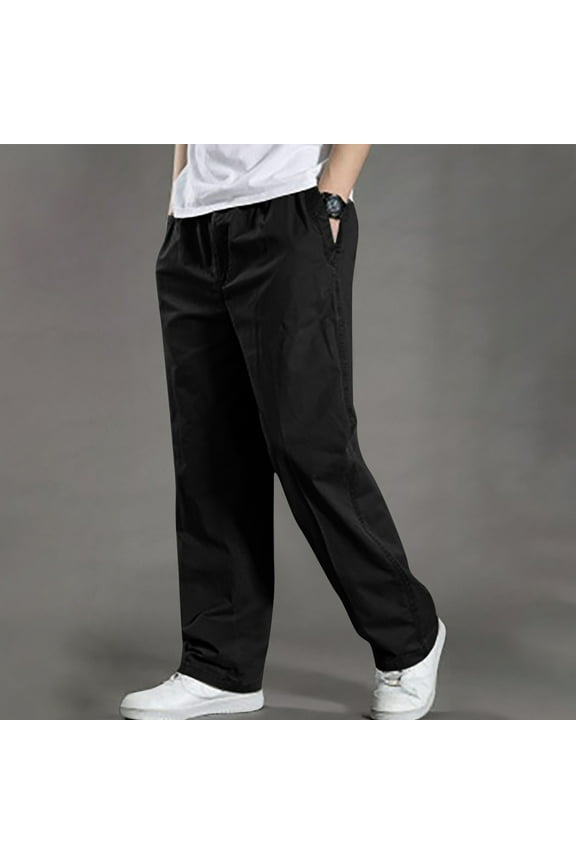 Straight Cargo Pants for Men with Pocket Elastic Waist Solid Hiking Trousers Big and Tall Wide Leg Cotton Pant Black 2XL