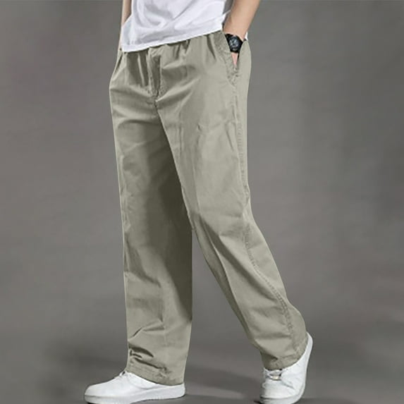 ZRGHAOYLQ Straight Cargo Pants for Men with Pocket Elastic Waist Solid Hiking Trousers Big and Tall Wide Leg Cotton Pant Gray M