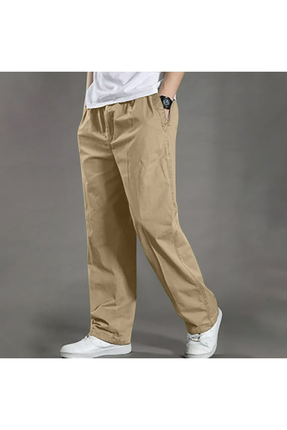 Straight Cargo Pants for Men with Pocket Elastic Waist Solid Hiking Trousers Big and Tall Wide Leg Cotton Pant