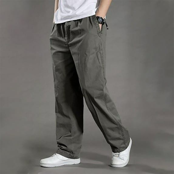 ZRGHAOYLQ Straight Cargo Pants for Men with Pocket Elastic Waist Solid Hiking Trousers Big and Tall Wide Leg Cotton Pant