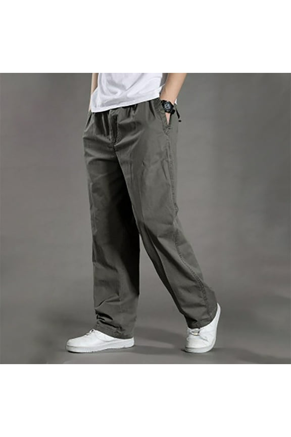 Straight Cargo Pants for Plus Size Men with Pocket Elastic Waist Solid Hiking Trousers Big and Tall Wide Leg Cotton Pant Dark Gray 4XL