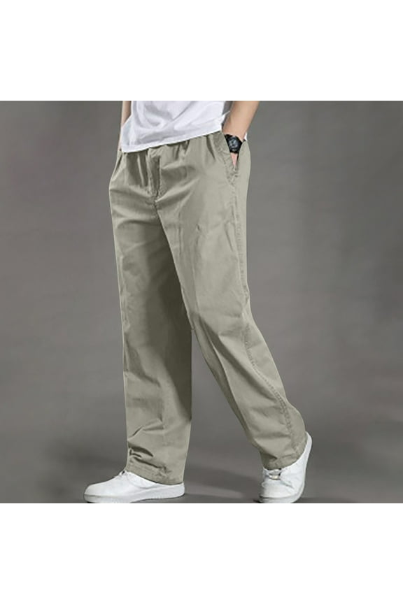 Straight Cargo Pants for Plus Size Men with Pocket Elastic Waist Solid Hiking Trousers Big and Tall Wide Leg Cotton Pant