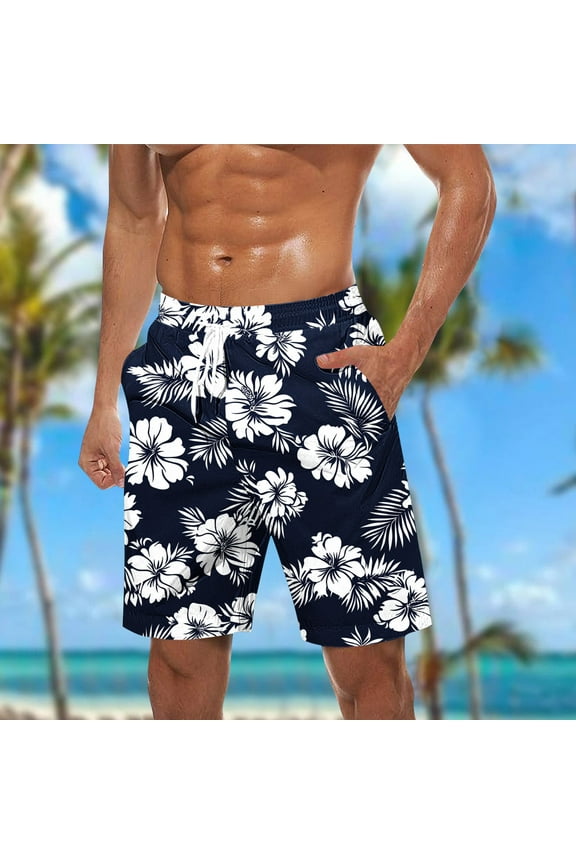 Summer Swim Trunks for Men Big & Tall Floral Printed Hawaiian Swimming Shorts Classic Fit Quick Dry Drawstring Elastic Waist Beach Shorts Summer Plus Size Board Shorts