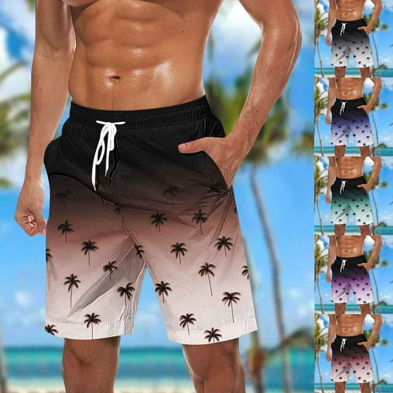 ZRGHAOYLQ Summer Swim Trunks for Men Big & Tall Tropical Palm Tree Printed Hawaiian Swimming Shorts Quick Dry Drawstring Elastic Waist Beach Shorts Plus Size Gradient Board Shorts