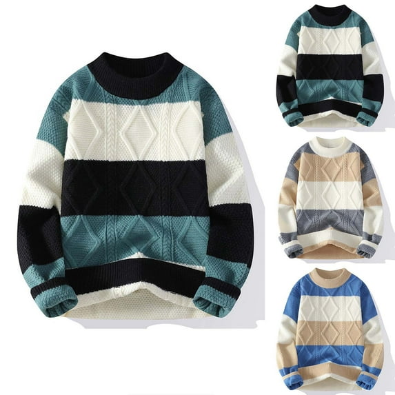 ZRGHAOYLQ Textured Knit Sweater for Men Big and Tall Crewneck Pullover Trendy Color Block Sweaters Loose Long Sleeve Shirts Warm Thicken Knitwear