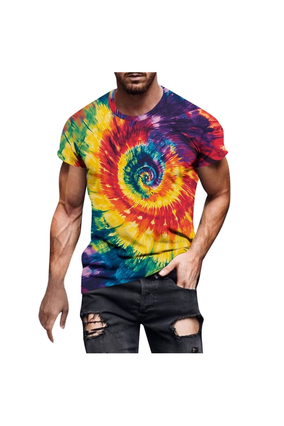 Tie Dye Print T Shirt for Men Big and Tall Breathable Tees Short Sleeve Trendy Spiral Pattern Tshirts Summer Crewneck Tops