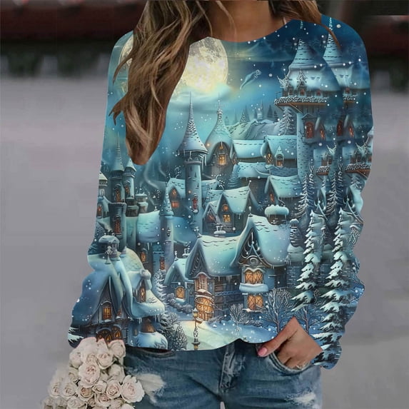 ZRGHAOYLQ Trendy Christmas 3D Pattern Shirts Women's Merry Christmas Crewneck Pullovers Sweatshirt Long Sleeve Loose Shirts Tops for Christmas Gifts