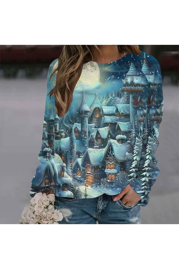 Trendy Christmas 3D Pattern Shirts Women's Merry Christmas Crewneck Pullovers Sweatshirt Long Sleeve Loose Shirts Tops for Christmas Gifts
