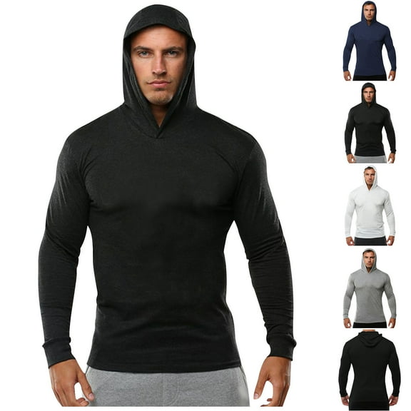 ZRGHAOYLQ Ultra Thin Muscle Hoodies for Men High Stretchy Workout Pullover Slim Fit Long Sleeve Hooded Sweatshirt Breathable Cotton Hoodie Tops for Gym Fitness Running Black L
