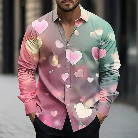 ZRGHAOYLQ Valentine Day Shirt Men Cute Love Heart Graphic Shirts Big and Tall Long Sleeve Tops Open Front Lapel Collar Cardigan Button Down Shirt