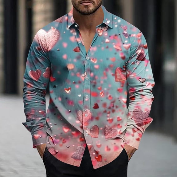 ZRGHAOYLQ Valentine's Day Shirt for Men Funny Love Heart Graphic Shirt Loose Long Sleeve Button Down Tops Casual Lapel Collared Holiday Party Shirts