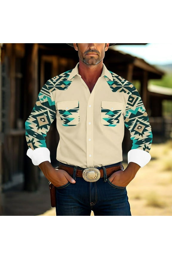 Vintage Western Aztec Shirts for Men Big and Tall Button Down Long Sleeve Shirts Plus Size Lapel Cowboy Tops Retro Ethnic Pattern Casual Shirts