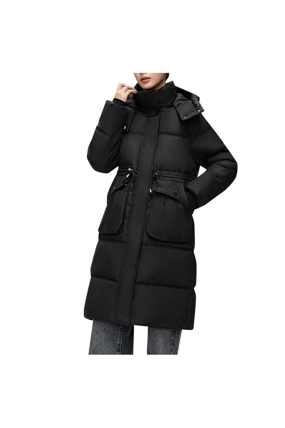 Winter Down Coats for Women Plus Size Quilted Fleece Down Thicken Coat Warm Parka Jackets with Hooded Full Zip Outer Jacket Solid Color Down Jackets Outerwear Drawstring Waist Jackets