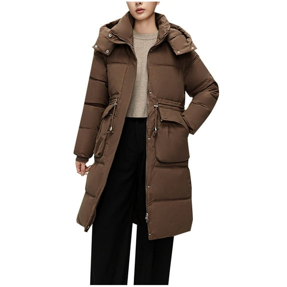 ZRGHAOYLQ Winter Down Coats for Women Plus Size Quilted Fleece Down Thicken Coat Warm Parka Jackets with Hooded Full Zip Outer Jacket Solid Color Down Jackets Outerwear Drawstring Waist Jackets