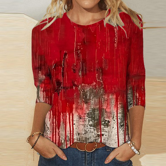 ZRGHAOYLQ Women's 3/4 Sleeve T Shirts Trendy Red Tie Dye Tees Tops Causal Crewneck Streetwear Shirt for Ladies