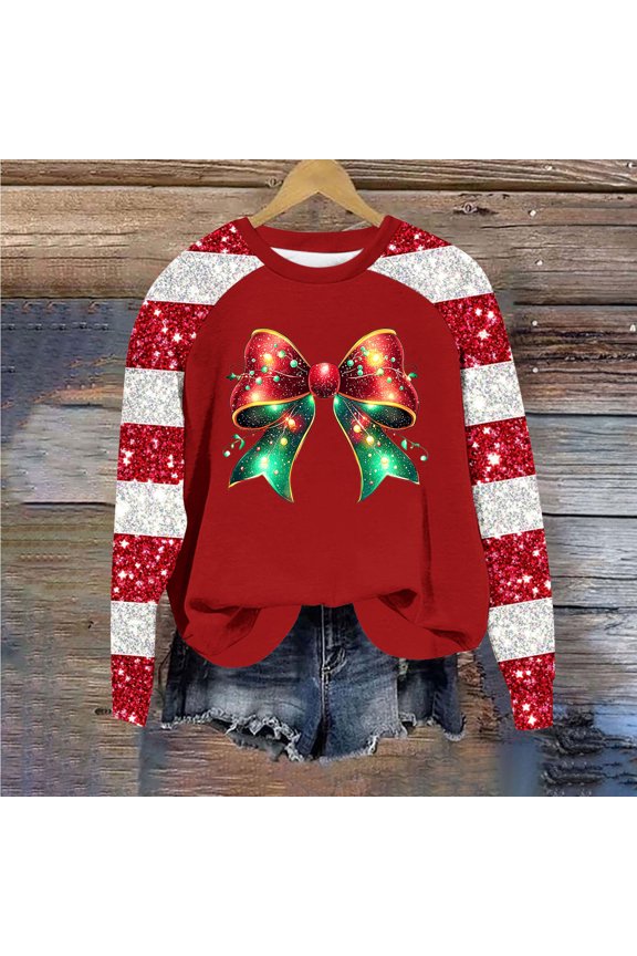 Women's Christmas Patchwork Sweatshirts Sequin Sparkly Long Sleeve Pullover Tops for Christmas Gifts Trendy Christmas Bow Pattern Shirts Casual Crewneck Pullovers